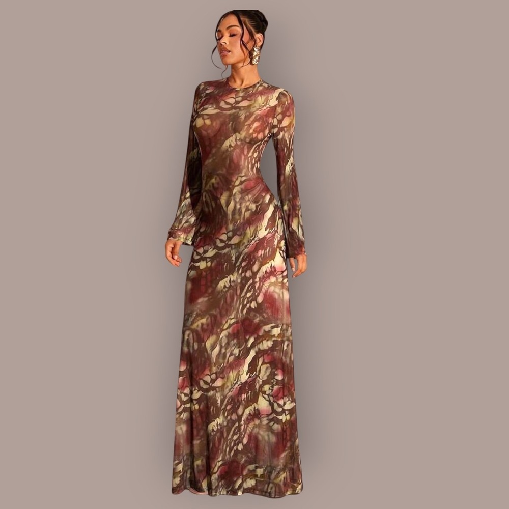 Sheer Mesh Abstract Print Maxi Dress Open Back Tie Neck Bell Sleeve Boho Y2K M/L - Picture 3 of 16